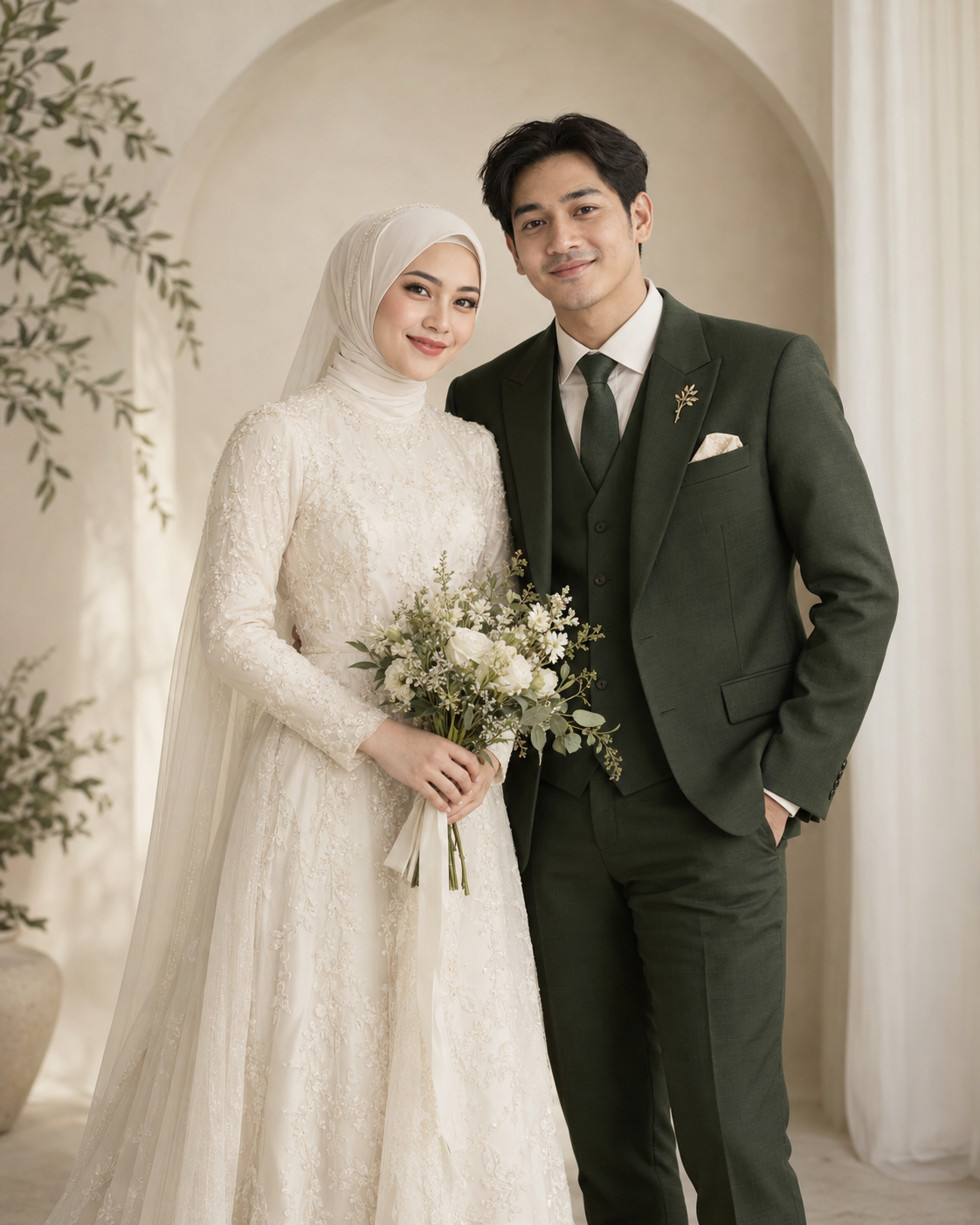 Ilustrasi pasangan dalam busana ivory dan hijau di studio
